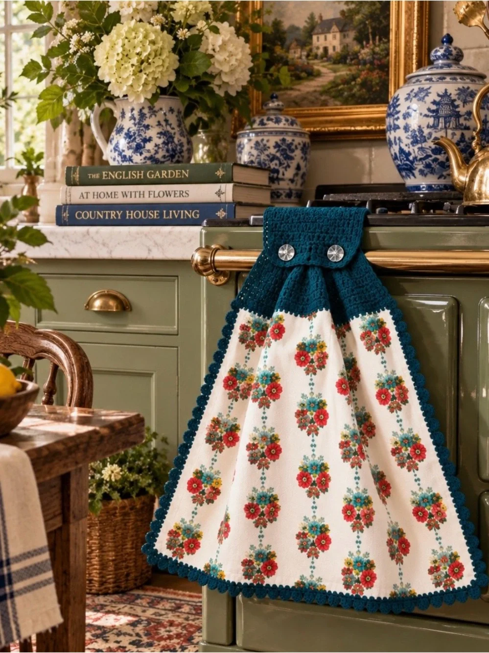 The Pioneer Woman Teal Crochet-Trim Floral Kitchen Towel